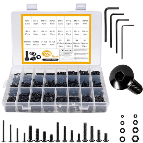 Juego de 1225 tornillos M2 M3 M4 M5, surtido de tuercas y pernos, juego surtido de tuercas y pernos, cabeza hexagonal, tornillos y tuercas, juego de tornillos de máquina negros con arandelas para el