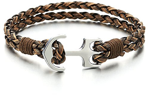 COOLSTEELANDBEYOND Hombre Mujer Pulsera Abrigo del Marina Ancla, Dos Vueltas Marrón Trenzado Cuero, Náutico Marinero
