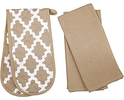 Penguin Home Heat Resistant Oven Gloves with Set of 2 Tea Towel, Oven Mitt & Potholder for Home Cooking - Maximum Heat Protection/Kitchen Accessories(Diamond Beige) Size - (18x90 & 65x45 cm)
