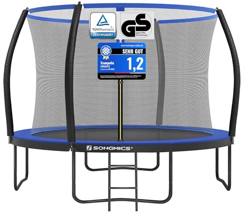 SONGMICS Cama Elástica Infantil Ø 366 cm, Red de Seguridad, Poste Curvo de 180 cm de Altura, Cojín de Seguridad, Escalera, Marco de Acero, Negro y Azul STR12BK