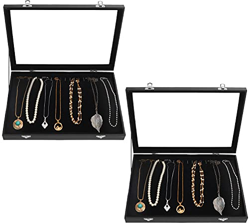 Kurtzy Jewelry Organizer Schmuckkasten Schwarz, Samt Box Glas Deckel Verschließbar & 20 Haken (2Stk) – Schmuckaufbewahrung Stapelbar Schmuckschatulle Schubladen Ketten Aufbewahrung, Armband, Ohrringe