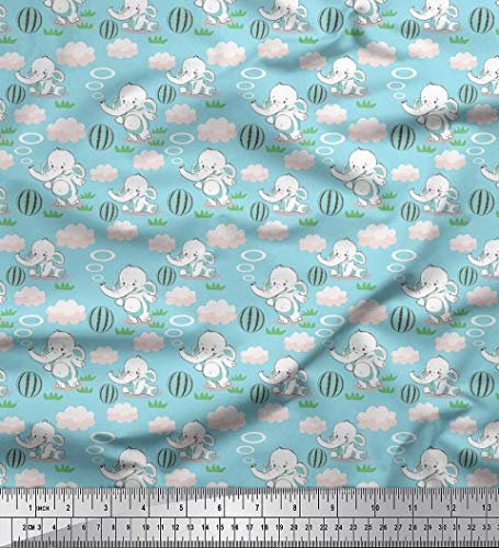 Soimoi Blau Baumwolljersey Stoff Wolke, Ball & Elefant Kinder Stoff Meterware 58 Zoll breit