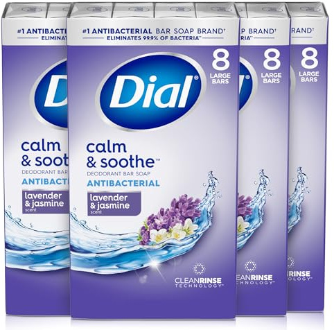 Dial Antibacterial Deodorant Bar Soap, Calm & Soothe Lavender & Twilight Jasmine Scent, 4 Oz, 32 Bars, Dermatologist Tested, With Clean Rinse Technology