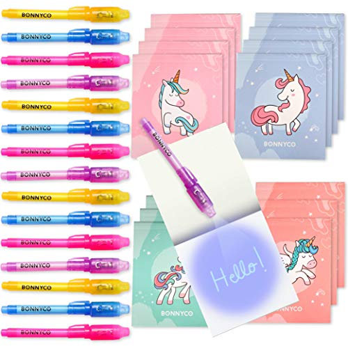 BONNYCO Boligrafo Tinta Invisible y Libreta Unicornio, Pack de 16 Regalos Cumpleaños Niños Colegio. Detalles Cumpleaños Niños, Relleno Piñata Infantil. Regalos Alumnos Primaria Fiesta Infantil