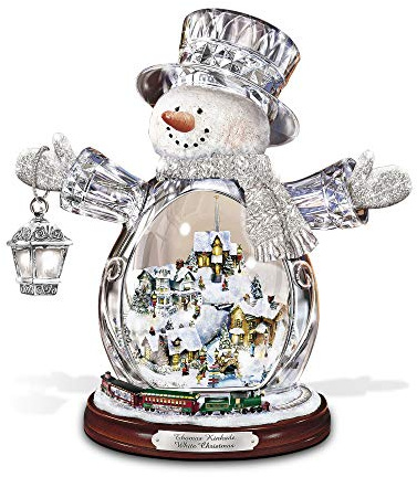 The Bradford Exchange Thomas Kinkade White Christmas Masterpiece Edition Snowman – Thomas Kinkade village featured in Snowman tummy, train runs at his base.
