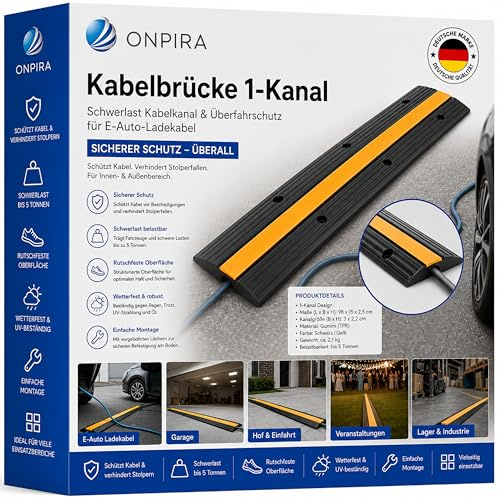 Onpira® Kabelbrücke 1-Kanal – Schwerlast Kabelkanal & Überfahrschutz für E-Auto-Ladekabel – rutschfest, Stolperschutz & Rampe für Außenbereich – Ideal für Garage, Hof & Veranstaltungen
