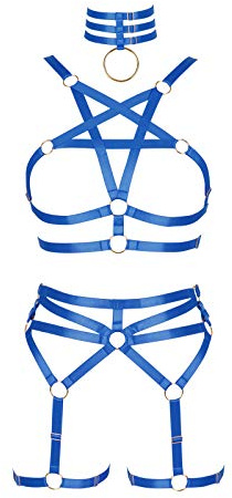 BBOHSS Dam body sele pentagram bh set punk strumpband ben midja dans elastisk gotisk karnival tillbehör, Kungsblå, En Storlek