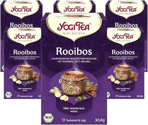 Yogi Tea Rooibos, 6x17 Beutel (102 Teebeutel) | Ayurvedischer Bio Gewürz- und Kräutertee, von Natur aus koffeinfrei, Mischung aus Rooibos, Zimt und Nelken