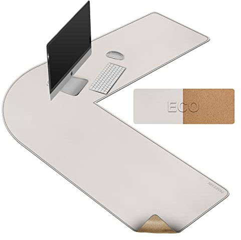 MAIDERN Ecke Schreibtischunterlage Leder & Kork,130x130x40cm Zweiseitig Tischunterlage, L-förmige extra große Mauspad,wasserdichte Schreibtischschutz,Büro und Zuhause Tischunterlage (Weiß)