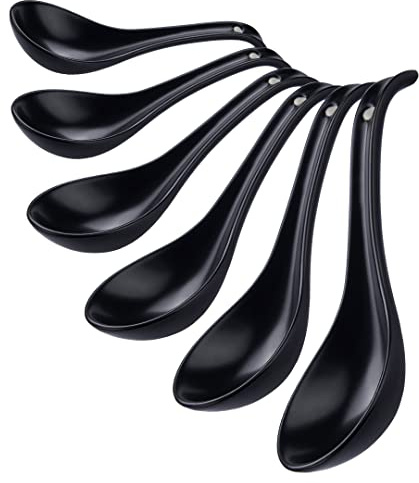 CHILDIKE Porcelain Soup Spoons Set of 6, 6.6 Inch Ceramic Chinese Asian Japanese Ramen Spoons, Black