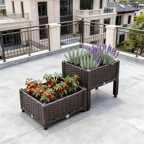 Mingone 2er Set Blumenkasten Rattan Optik 40x40 Braun | Wasserspeicher, Balkonkasten, Für Balkon Garten Terrasse