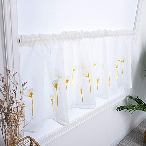 Devola Tüll Scheibengardine Küche Gardinen modern Bistrogardine transparent Blumenmuster Stickerei Kurzgardine Pastorale Art Fenstergardinen kurzstore HxB 30x90cm Gelb 1er Pack