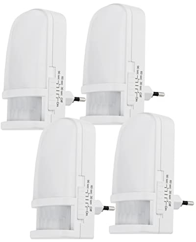 ChiliTec LED Nachtlicht mit Bewegungsmelder, 230V Steckdose, 4 Stück | 230V, Dämmerungsschalter, Zeit einstellbar, Modus On Off Auto, Warmweiß