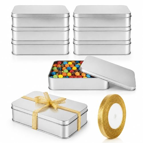 ACXFOND 8 Pack Empty Metal Tins Box with Lid - Cookie Tins Silver Metal Rectangular Tin Box Lids for Treats, Gifts, Favors, Candle and Crafts (6.2 x 4.3 x 1.4 Inches)
