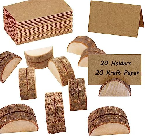 Zillary 20 Stück Tischkartenhalter Fotohalter, Tischnummer Platzkartenhalter, Holz Kartenhalter Hochzeit, Kartenhalter Holz, für Hochzeiten, Bankette und Partys (20 Halter + 20 Kraftpapier)