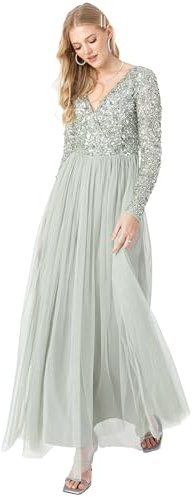 Maya Deluxe Damen Ladies Maxi Dress for Women with Long Sleeves V Neckline Plunging Sequin Embellished for Wedding Guest Bridesmaid Prom Kleid