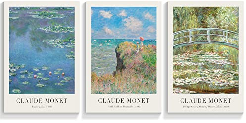 NONPAI Vintage Claude Monet Poster Berühmte Seerosen Leinwand Wandkunst Cliff Walk At Pourville Druck Gemälde Botanische Blumenbilder Wanddekoration für Wohnzimmer Schlafzimmer 3er Set 40,6 x 61 cm