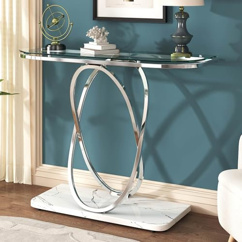 O&K FURNITURE Moderner Konsolentisch für Eingangsbereich, Glas-Eingangstisch mit silbernen ovalen Rahmen und Marmorsockel, Chromglas Sofatisch für Wohnzimmer, Eingangsbereich, Flur, Silber, Glas &