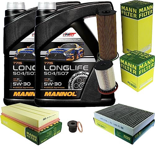 EISENFELS Filter Set Inspektionspaket erstellt mit 10 L Motoröl MANNOL Longlife 504/507 5W-30, MANN-FILTER Ölfilter, Luftfilter, Innenraumfilter, Kraftstofffilter, Verschlussschraube