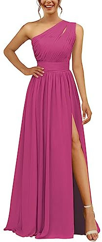 Abito da damigella d'onore in chiffon monospalla con spacco plissettato lungo una linea abito da damigella d'onore per le donne, Fucsia, 24 Più