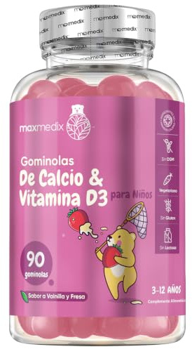 Calcio y Vitamina D3 para Niños - 90 Gominolas, Sabor a Vainilla y Fresa