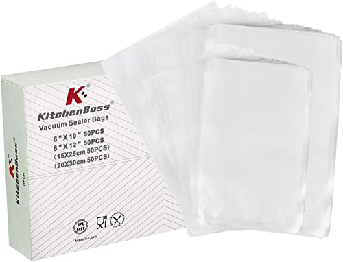 KitchenBoss Vakuumierbeutel 100 Stück, 15x25cm (50) + 20x30cm (50), BPA-frei Vakuumbeutel für Vakuumierer, Sous-Vide Kochen, Gefrierbeutel Lebensmittel, Einschweißbeutel Universal