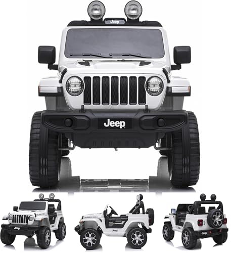 PEKECARS Jeep Wrangler Rubicon 12V elektrisk terrängbil för barn vit fyrhjuling för barn 4 x 4 med MP4-skärm, läderfodrad sits, gummihjul, 4 motorer