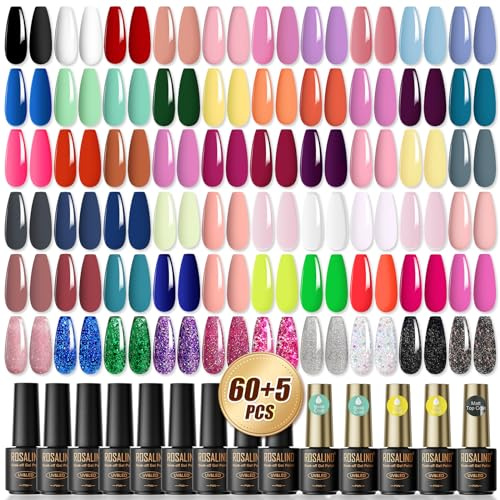 ROSALIND UV Nagellack Set, 65 Stück Mini Gel Schwarz Weiß Rot Nude Rosa Glitter Farbgel Gelnägel für Nagelstudio Design Starter Maniküre Geschenkset