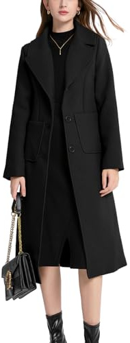 Sukany Women's Winter Casual Notch Lapel Wool Blend Coat Single Breasted Mid Long Pea Coat Jacket (Black,S)