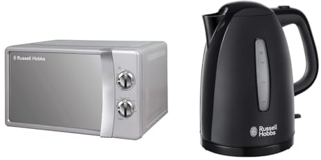 Russell Hobbs RHMM701S 17 Litre 700 W Silver Solo Manual Microwave with 5 Power Levels, Ringer & Textures Electric 1.7L Cordless Kettle (Fast Boil 3KW, Black premium plastic, matt