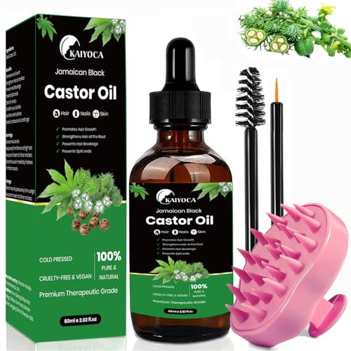 Jamaikanisches schwarzes Rizinusöl mit Kopfhautmassagegerät, natürliches Premium gegen trockenen und geschädigten Haarausfall für Frauen und Männer, 60 ml