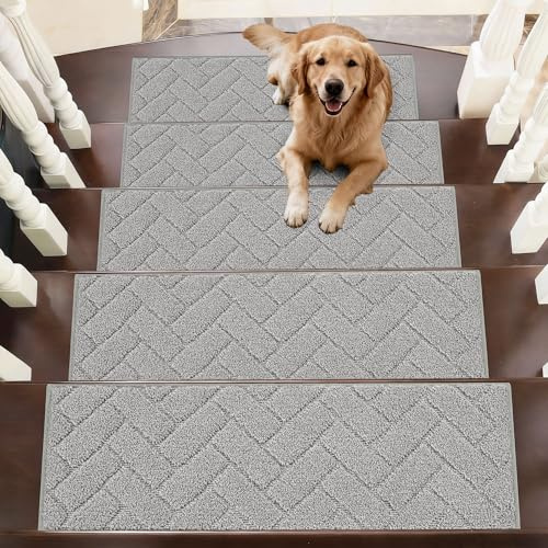 BEQHAUSE Stair Treads, Anti Slip, Washable Machine, Polyester, Gray, 15pcs | 22x70 cm, Stairs Carpet Tread for Elders, Kids, Dogs, Easy Install for Wooden Floors, Marble stair etc