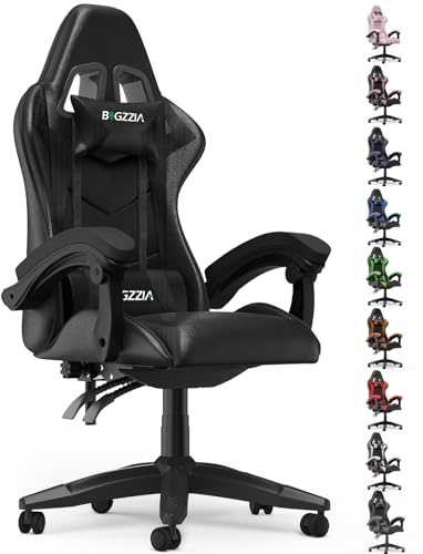 bigzzia Ergonomique Chaise Gaming, Fauteuil Gaming,Hauteur Réglable, avec Coussin Lombaire et Appui-Tête, Fauteuil Gamer Confortable pour Adultes, Filles et Garçons (sans LED Effets, Noir)