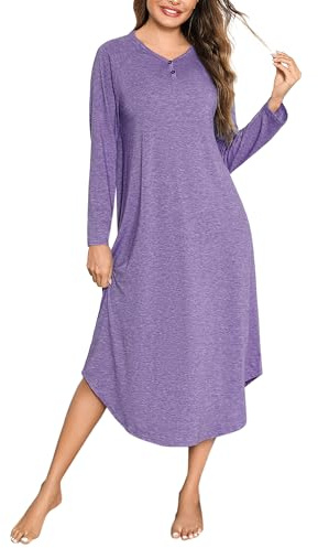 Bresdk Chemise de Nuit Femme en Coton Robe de Nuit col V Manches Longues Vêtements de Nuit avec Boutons
