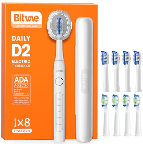 Bitvae D2 Ultrasonic Electric Toothbrush, 8 Heads, Travel Case & Holder