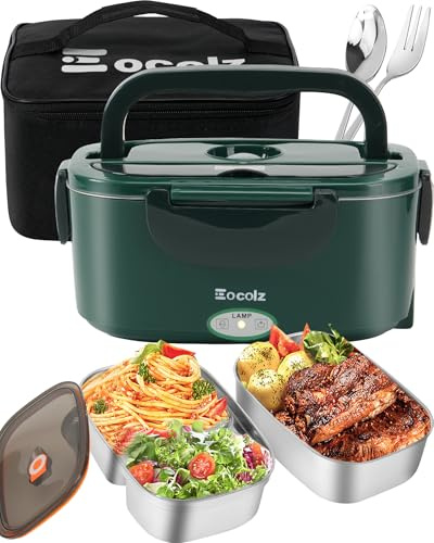 Eocolz Boîte à déjeuner électrique 80-100 W pour adulte, chauffe-repas portable pour voiture, camion, travail avec fourchette et cuillère en acier inoxydable (Vert)