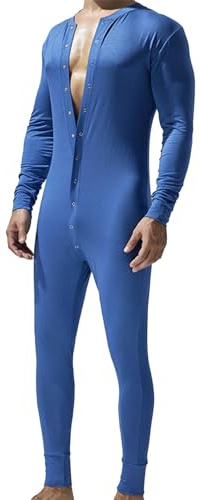Cexiakong Mono para Hombres de Una Pieza Bodysuit de Ajuste Delgado Pijama de Un Solo Color Ropa Térmica de Manga Larga Pijama de Noche Elástico Camisa de Manga Larga Cómoda con Botones Mono Bodysuit