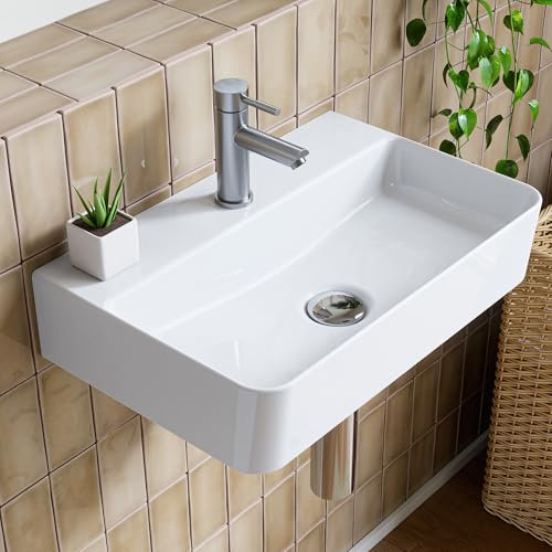 HOROW Lavabo a parete in ceramica, bianco, rettangolare, 46 x 30 cm, con foro per rubinetto senza troppopieno, lavabo a mano per piccoli ospiti