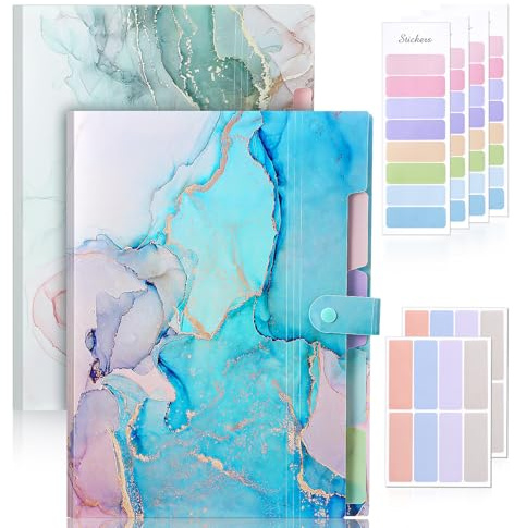 Candcamp 2 Pack Expanding File Folders A4 Plastic Document Organizer with Snap Button and 6 Sheets Sticky Labels Folder Organiser for School Home Office(Green & Light Blue Marble Pattern)