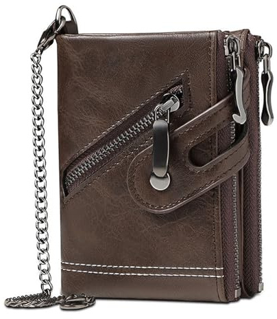 SKDFHOD Cartera de Hombre Piel con protección RFID, Doble Costura Extra Estable, 14 Ranuras para Tarjetas Carteras con Cadena, Cartera Tarjetero Hombre para Crédito, Billetes y Monedas (café)