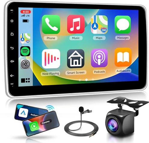 Autoradio 1 Din Carplay Écran Tactile Amovible 10,1 Pouces, Podofo Android 13 2G+64G Écran Rotatif Radio Android Auto, Bluetooth/EQ/FM/RDS/GPS/WiFi+Caméra arrière
