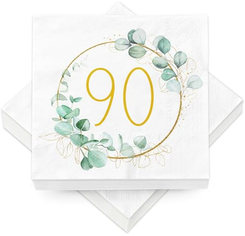 40 Stück Servietten 90 Geburtstag als Tischdeko, Geburtstagsservietten Eukalyptus Gold Grün Tisch Deko 90 Geburtstag Frau Mann, Geschenke zum 90 Jahre, Tischdekoration Papierservietten