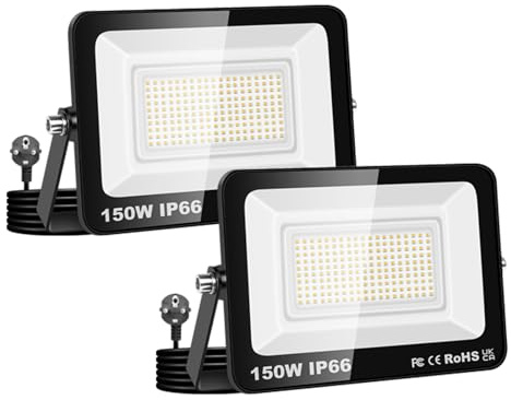 SKYWORLD 2 proiettori a LED cablati da 150 W con spina, illuminazione di sicurezza bianca brillante impermeabile IP66 per spazi esterni commerciali/residenziali