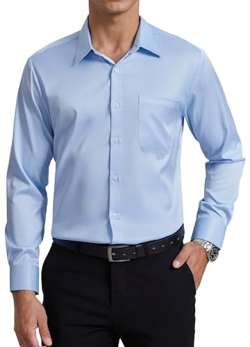 Enlision Mens Blue Shirt Non Iron 4-Way Stretch Long Sleeve Formal Dress Shirts Wrinkle Free Button Down for Men Business Wedding Office Regular Fit with Pocket L