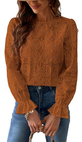 CUPSHE - Camicetta da donna con scollo rotondo e maniche lunghe, con ricami floreali traforati e polsini elastici, camicia elegante, Rosso mattone, M