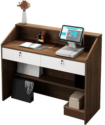 BSKJMMP Empfangstisch mit Theke, Sekretär-Schreibtisch, 2 abschließbare Schubladen, Kabeldurchführung, Aufbewahrungsregale für kleine Büros, Salons, Kassen, Eiche, 99,1 cm