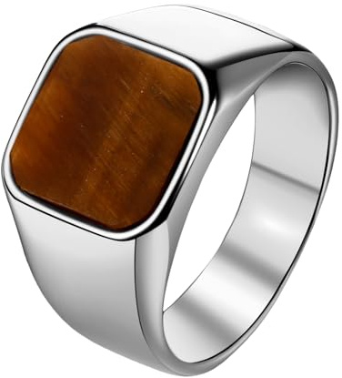 JewelryWe Tigerauge Ring Siegelring für Herren, Edelstahl Herrenring Quadratischer Fingerring mit Braun Tigerauge-Stein Vintage Statement Ring für Hochzeit Geburtstag Jubiläum