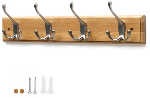 Flatro Coat Hooks Wall-Mounted | Bamboo Coat Rack with 4 Triple Zinc Alloy Hooks to Hang Hats, Jackets, Bags, Keys, Towels & More | Best Suited for Home Entrance, Bedrooms, Bathroom | Fixings Included