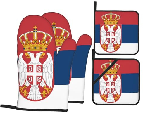 4 pezzi Forno E Presine Guanti Flag Of Serbian Printed Guanti Da Cucina Divertenti Guanti Da Barbecue Per Grigliare, Microonde, Cucinare