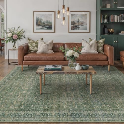 PureCozy Grün Teppich Wohnzimmer 160x230cm Waschbarer Vintage Tepich | Wohnzimmerteppich,Kurzflor Rutschfest,Weich Boho Retro Carpet,Leicht,Schlafzimmer, Esszimmer,Büro